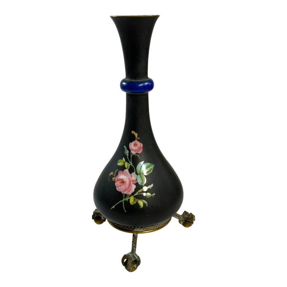 Rosenthal Black Victorian Vintage Floral Vase On Brass Pedestal Stand RARE READ
